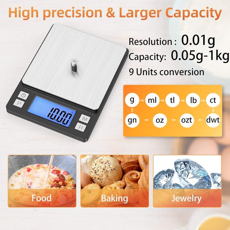 BOMATA 0.01g/1kg Upgraded Small Digital Scale, USB Rechargeable, with Larger Display and Hold,Tare Function, 9 Units, High Precision Digital Scale Grams and oz for Small Item, Kitchen… - Image 2